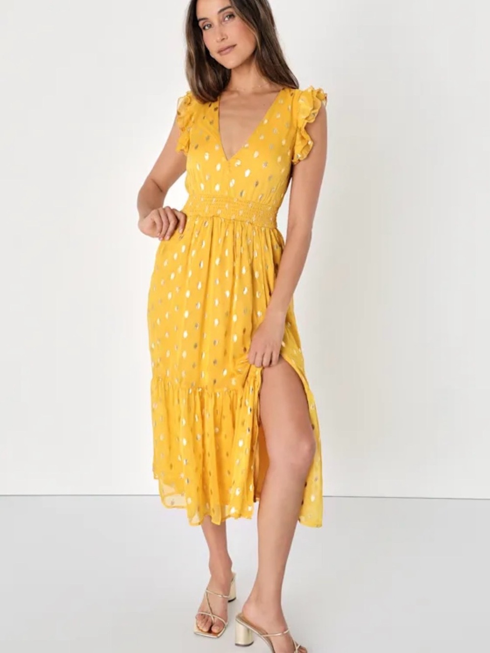 Lulus Yellow V-Neck Ruffled Midi Dress